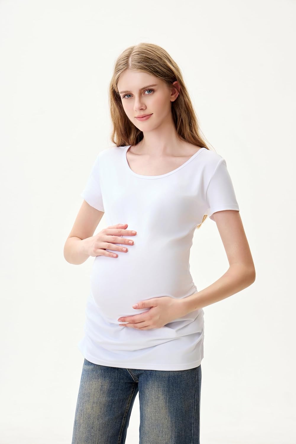 Classic Short Sleeve Maternity T-Shirt, White, Light Blue, Black, Cotton Blend, Scoop Neck, Side Ruched, 3 Pack S-XXL
