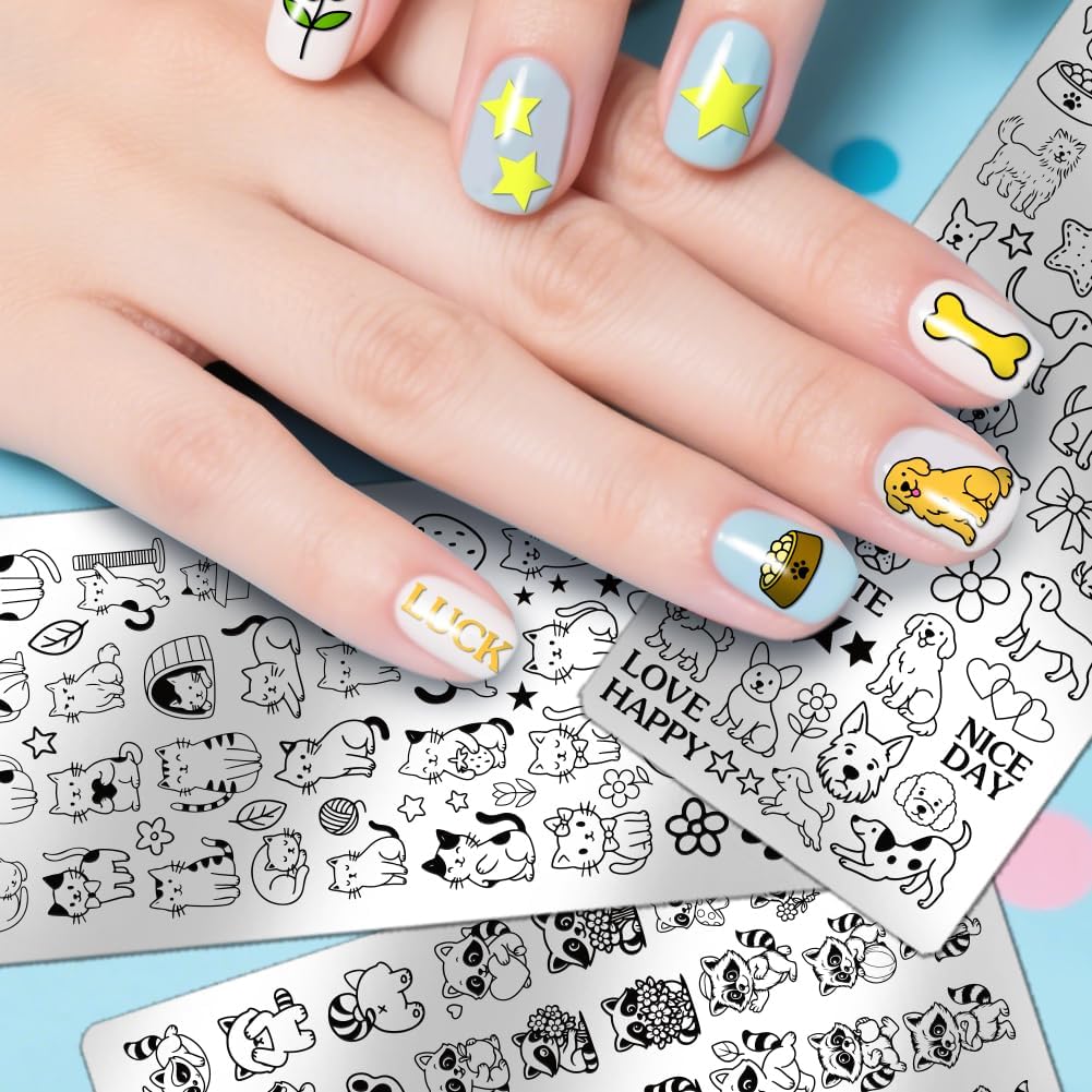 PH PandaHall 3pcs Animals Nail Stamping Plates Cute Cats Dogs Nails Art Templates Pets Raccoons Manicure Image Plates Lovely Puppy Nail Art Stencils for Women Manicures Salon Design Printing