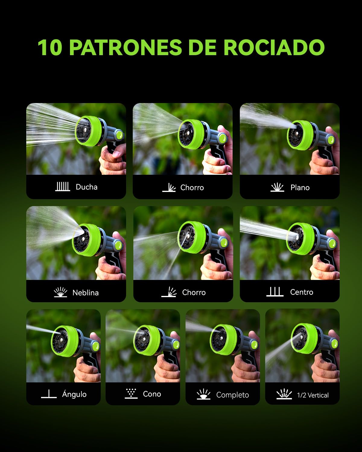 RAINPOINT Pistola Manguera Jardin en Metal, 10 Patrones De Riego,Control de Flujo con Pulgar, Pistola de Agua a Presión para Lavar Coches, Mascotas, Regar el Jardín, Verde