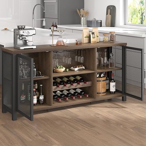 Miniatura 8 de Launica Gabinete de Bar de Vino, Gabinete Industrial de Bar de Café, Gabinetes de Bar de Licores Estilo Granja para Licores y Vasos, Gabinete Roble