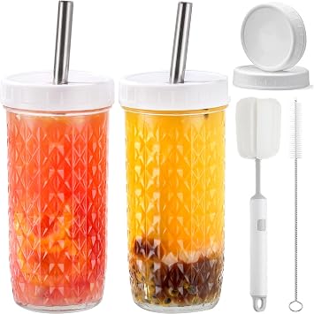 2 Pack Glass Cups Tumbler with Lids and Straws & 2 Airtight Lids, Reusable Boba Bubble Tea Cups, 24 Oz Diamond Texture Wide Mouth Mason Jar Cup Iced Coffee Cup, Smoothie Cups