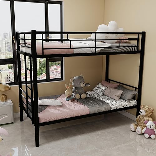 Miniatura 52 de GNIXUU Literas de tamaño individual sobre matrimonial, marco de literas bajas de metal resistente con barandilla de seguridad y escalera para