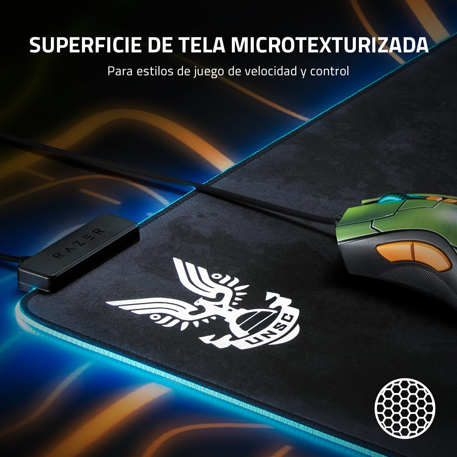 Razer Goliathus Extended Chroma (Hala Infinite Ed.) - Alfombrilla suave para juegos con iluminación RGB (soporte para cables, superficie de tela, borde cosido, optimizado para todos los ratones) Negro
