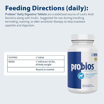 Probios Chewable Tablets for Dogs, Daily Probiotic Supplement for Gut Health, Digestion & Immune Support, Improves Microbiome Balance During Stress, Travel & Routine Changes, Chicken Liver, 45 Count