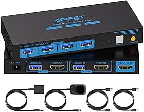 Interruptor HDMI KVM 1 monitor 2 computadores 4K60Hz KVM Switches para 2 PCs compartilham monitores únicos e 4 dispositivos USB 3.0, como teclado e mouse impressora com controle de mesa e 2 cabos USB