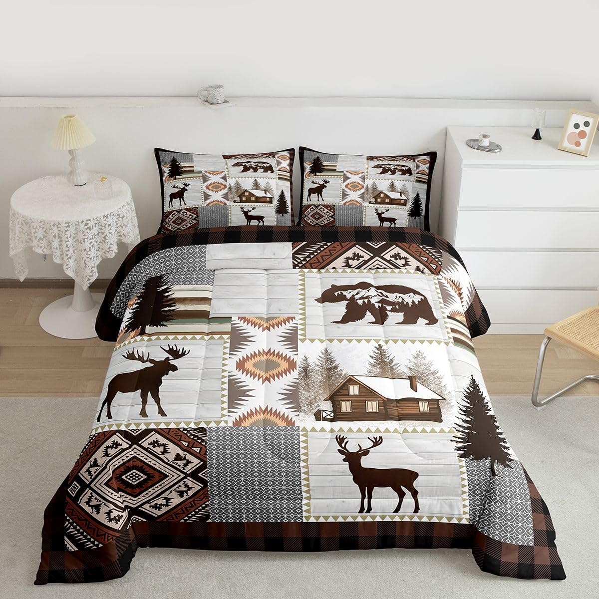 Feelyou Rustic Comforter Set Queen Size Cabin Bear Deer Moose Bedding Set for Kids Boys Girls Farmhouse Country Checkered Duvet Quilt Buffalo Check Bedroom Decor Woodland Wildlife with 2 Pillow Cases