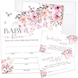 Tbaogusu Set Of 25 Baby Shower Invitations Set, Floral Baby Gender Reveal Party Invites for Girls, Invitation Cards With Envelopes Including Book Request Card & Diaper Raffle Tickets -015