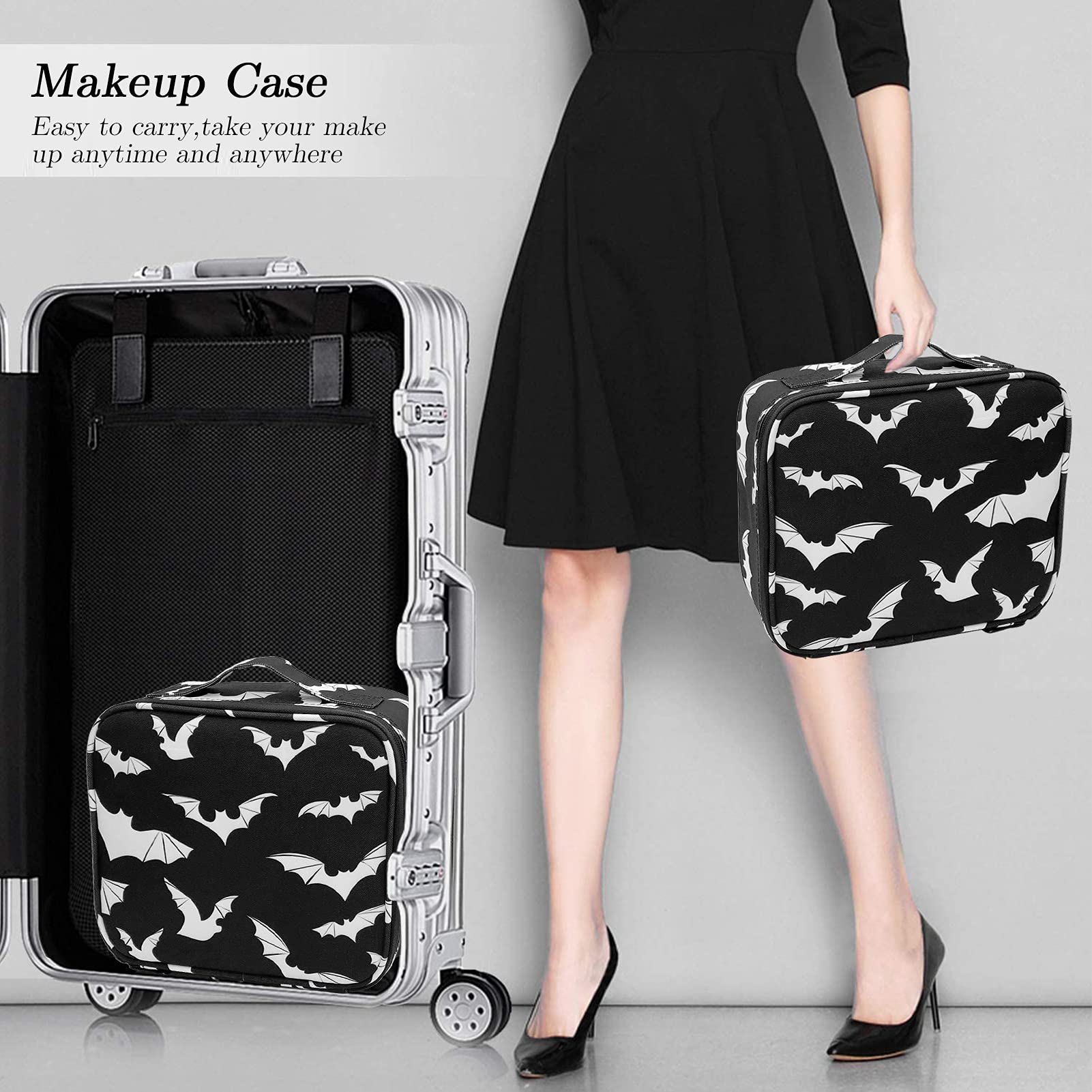 9CH Goth Makeup Organizer Bag, Halloween Makeup Bags Large Cosmetic Bag with Adjustable Dividers Portable Bat Cosmetic Case for Make up Brushes Toiletry Jewelry（Black Bats）: Goth Bats-1