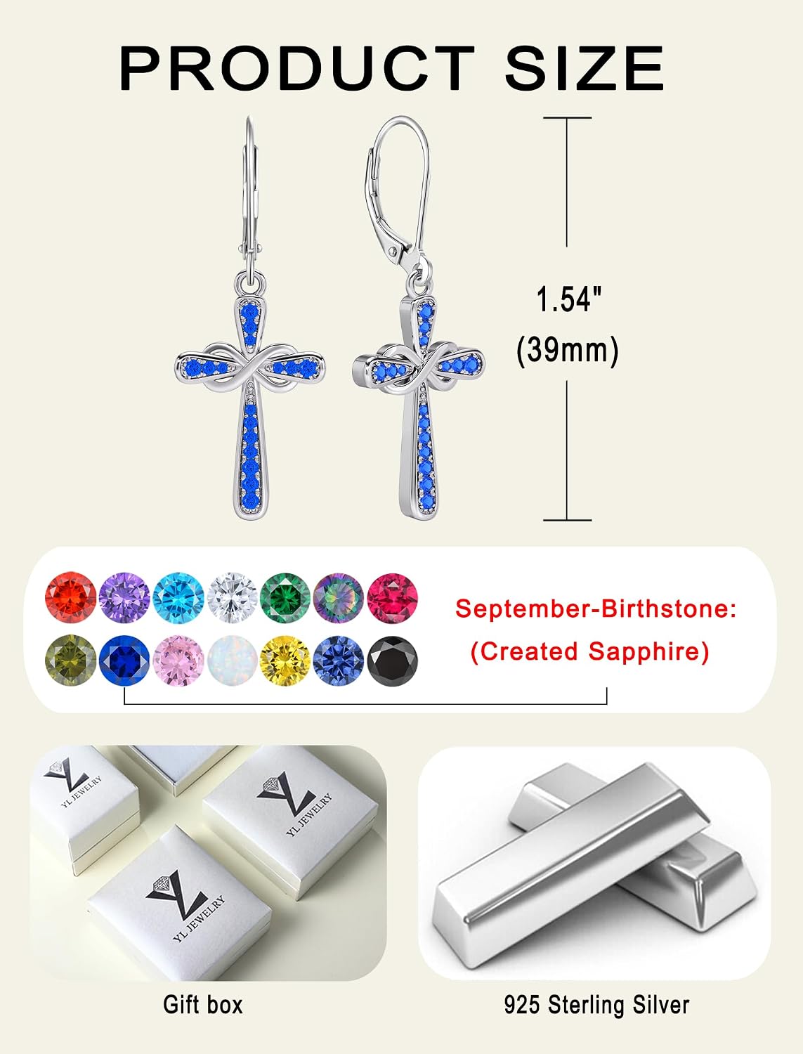 YL Cross Earrings 925 Sterling Silver Infinity Dangle Drop Earrings Birthstone Criss Leverback Jewelry