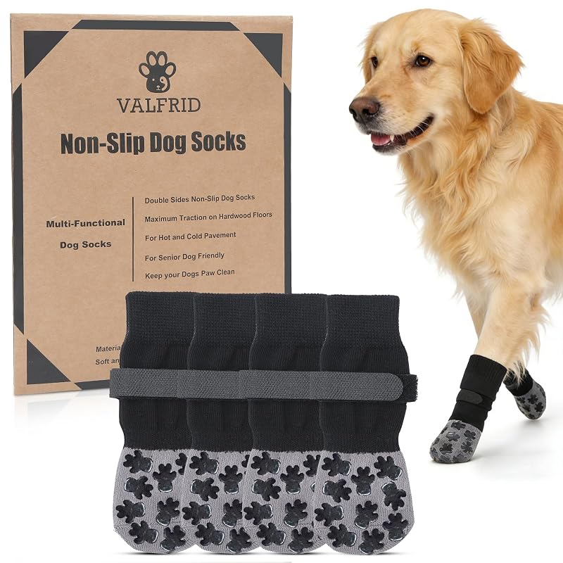 Meias antiderrapantes para cães com grip duplo VALFRID, tamanho M, pretas, pacote com 4