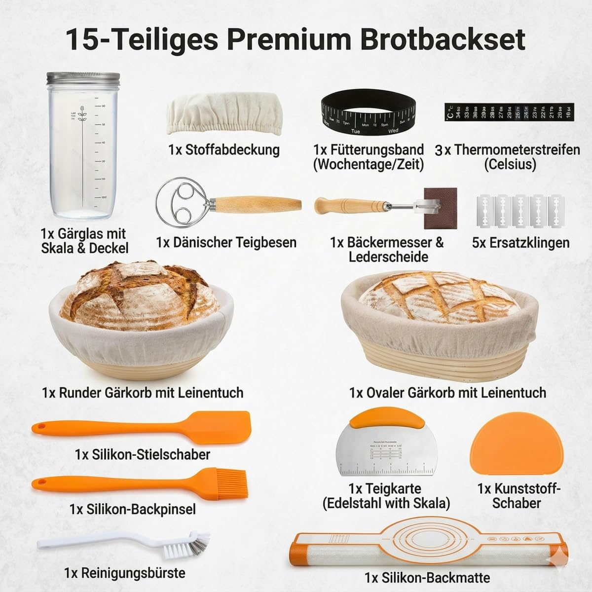 Sauerteig Starter Set 15-Teiliges Profi Brotbackset inkl. Gärkörbchen Rund & Oval, Gärglas mit Thermometer & Rezeptbuch – Das ultimative Sauerteig Starter Set für Krustenzauber Brot - GROWZELT