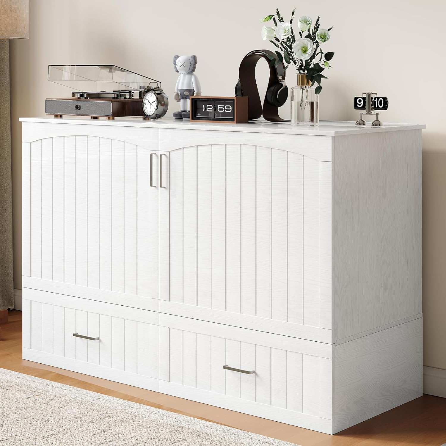 Mjkone Murphy Bed, Queen Cabinet Bed with USB Port and Tri-Fold Mattress, Modern Space-Saving Wall Murphy Beds with 2 Storage Drawers for Bedroom Guest Room Office, White