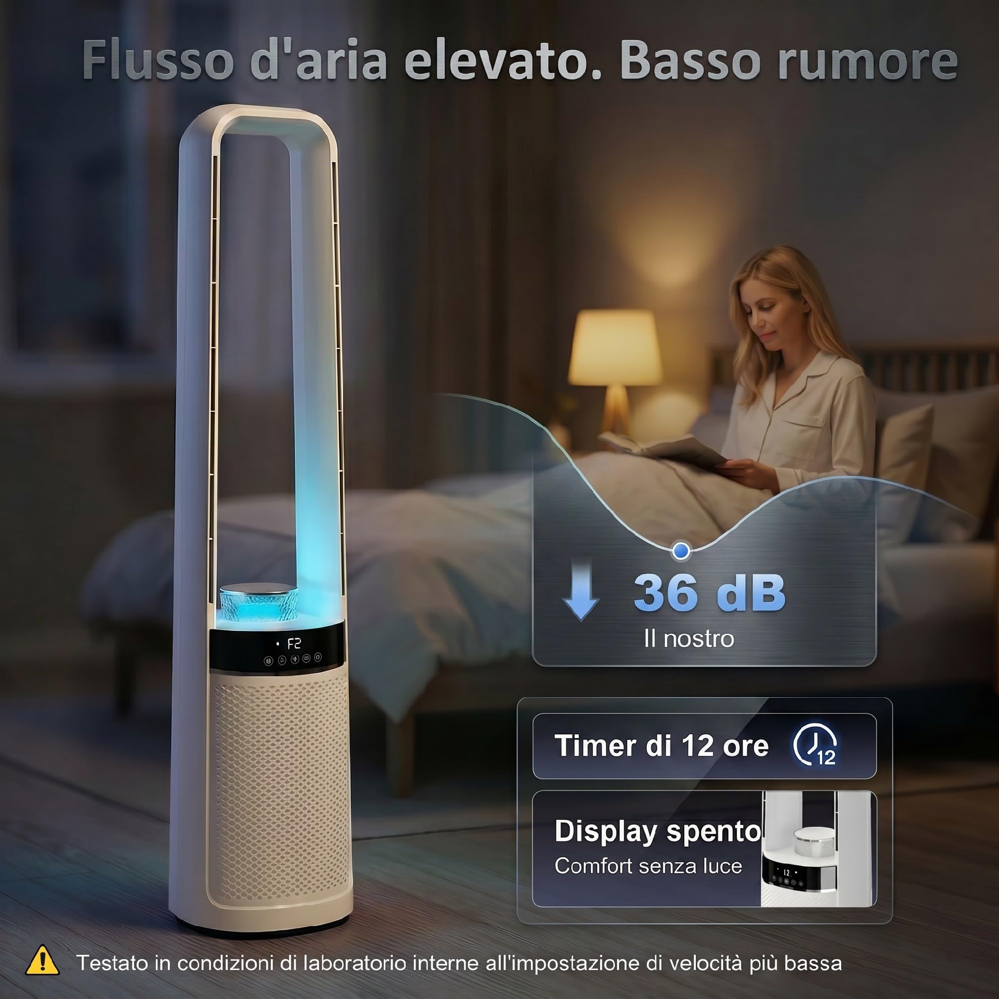 HOMCOM Ventilatore a Torre Senza Pale per Camera da Letto, 3 Velocità, Silenzioso 36dB, con Oscillazione a 45°, Luci LED, Timer 12H, Telecomando, 94 cm, Bianco