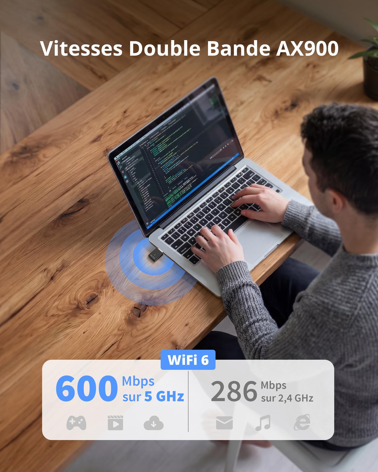 BrosTrend AX900 Mini Clé WiFi Linux USB Dongle Wi-Fi 6 Double Bande 5GHz 600Mbps 2.4GHz 286Mbps USB 2.0
