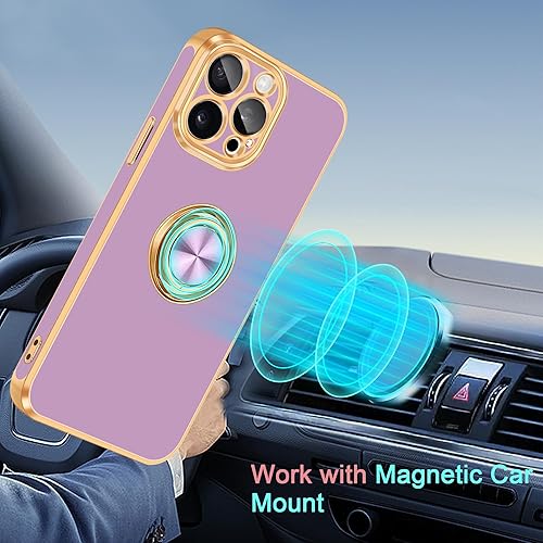 Miniatura 7 de Fingic Funda para iPhone 15 Pro con soporte de anillo giratorio de 360 soporte magnético para automóvil chapado en oro brillante Funda protectora