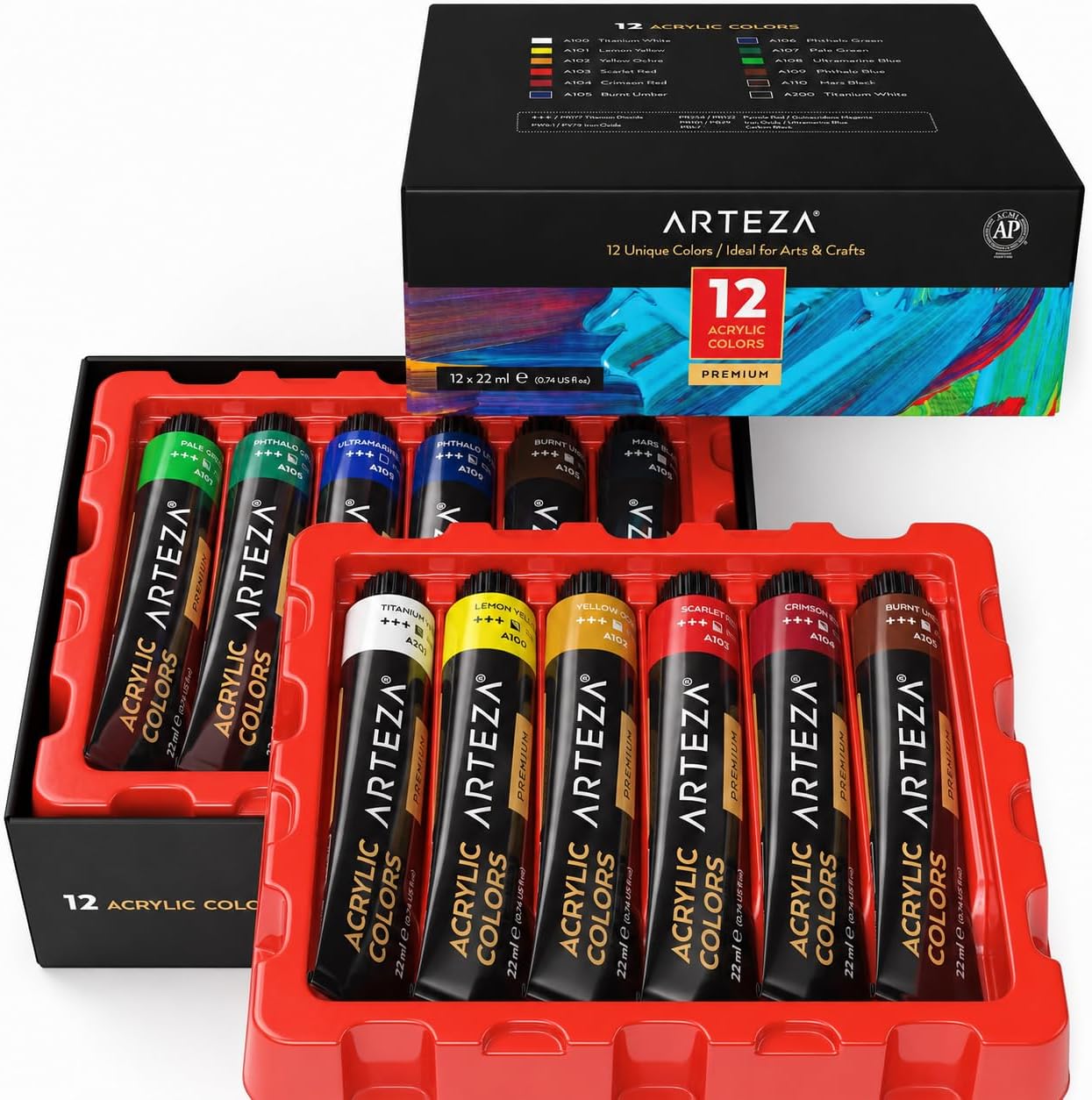 Arteza Acrylic Paint Sets, 24 Colors/Tubes (22 ml/0.74 oz.) with Storage Box, Rich Pigments, Non Fading, Non Toxic Paints for Artist, Hobby Painters & Kids, Ideal for Canvas Painting