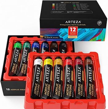 ARTEZA Acrylic Paint Set, 12 Colors, 22 ml / 0.74 oz Tubes, High-Viscosity