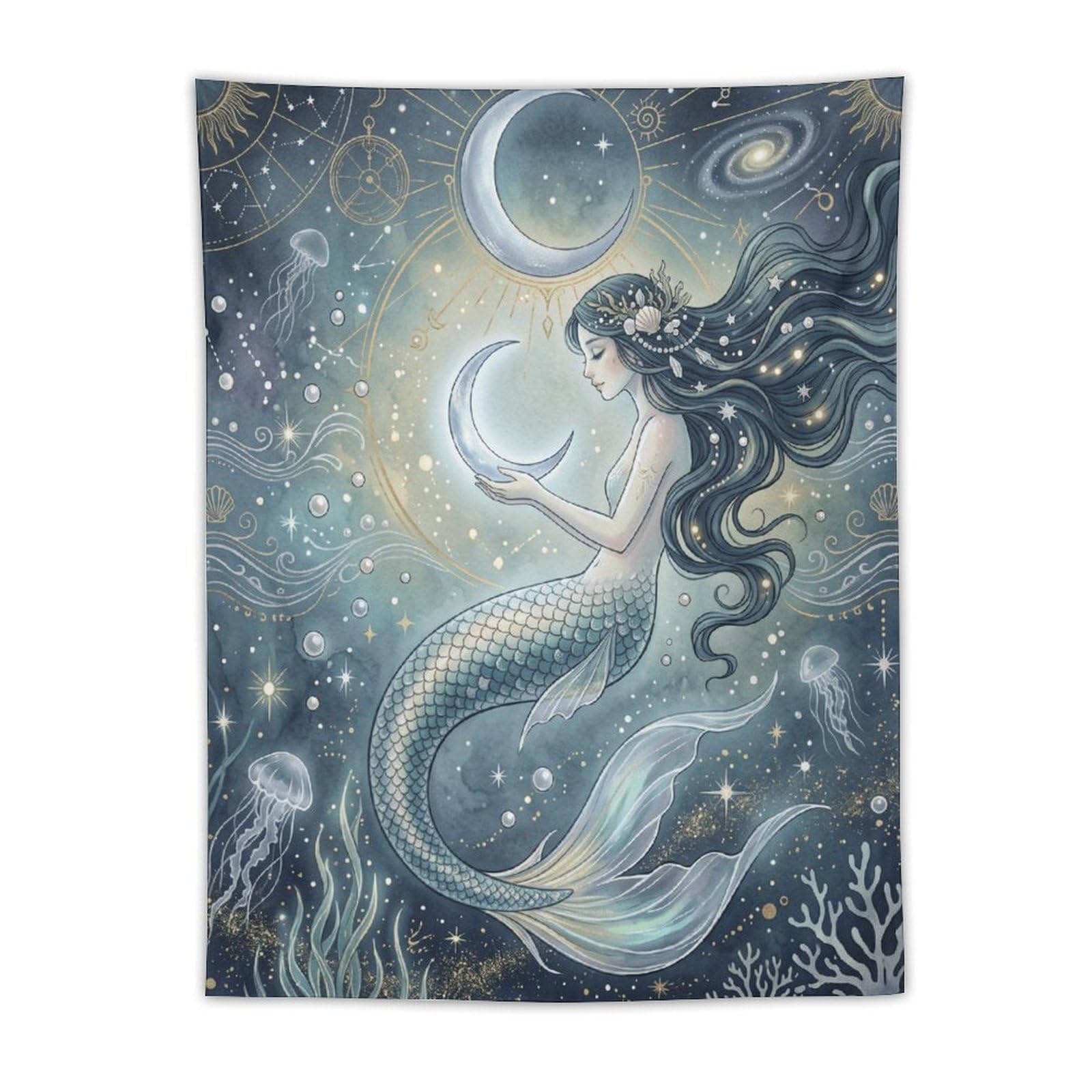 H3B8U2Y5 Moon Mermaid Cosmic Ocean Wall Tapestry, Surrealist, Office