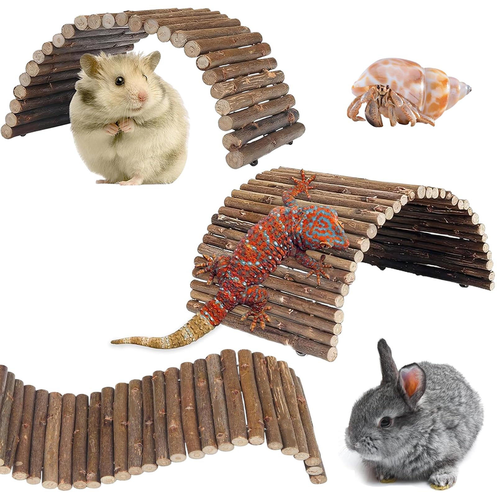 Wjelet 2Pcs Reptile Hideout Hermit Crab Bendable Wooden Bridge, Hamster Vhew Toys, Small Animal Molar Chew Toys, for Hermit Crab Lizards Mouse Spiders Chinchillas