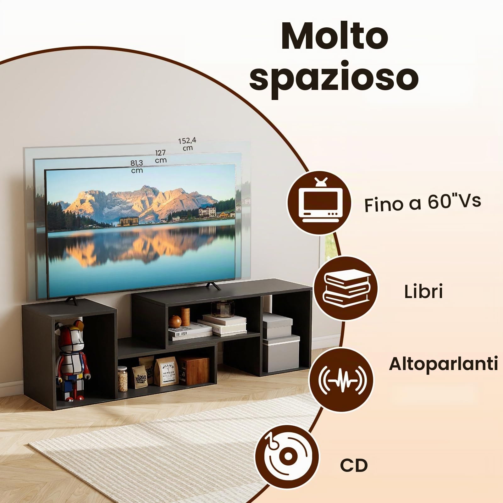 GIANTEX Mobile per TV, combinabile, in legno, 2 pezzi, per TV fino a 60 pollici, scaffale angolare multifunzionale, colore nero