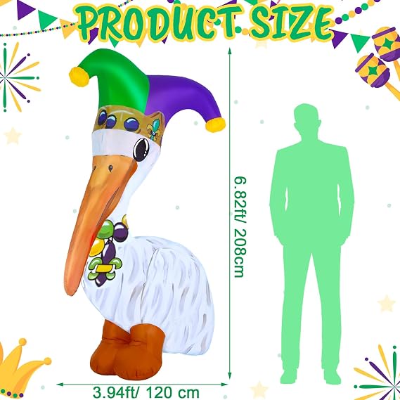 Jenaai 6.8 ft Mardi Gras Inflatable Decorations Huge Outdoor Inflatable Pelican with Crown Necklace Blow up Yard Decoration Built-in LED Lights Blow up Pelican for Lawn Garden Carnival Party Supplies