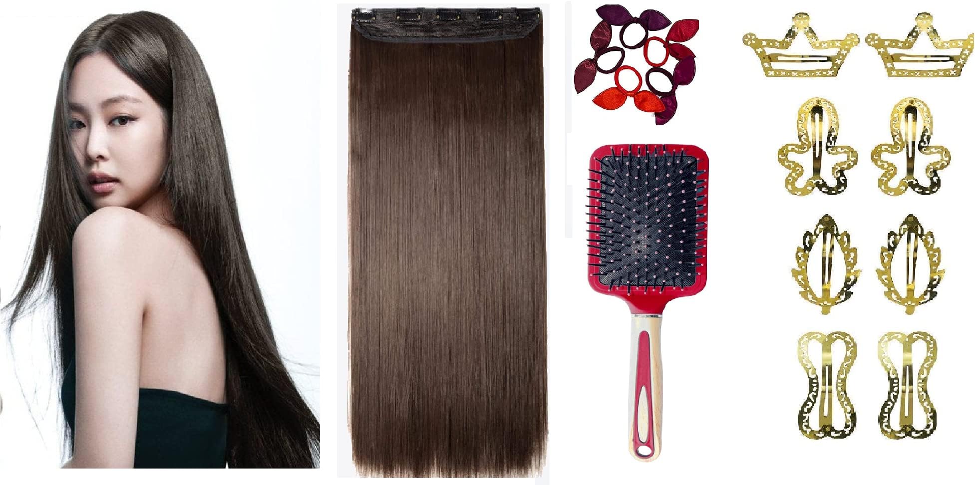 Verbier Natural Real Hair 5 Clips Hair Extension For Women And Girls Brown(With Free Hair Accessories)