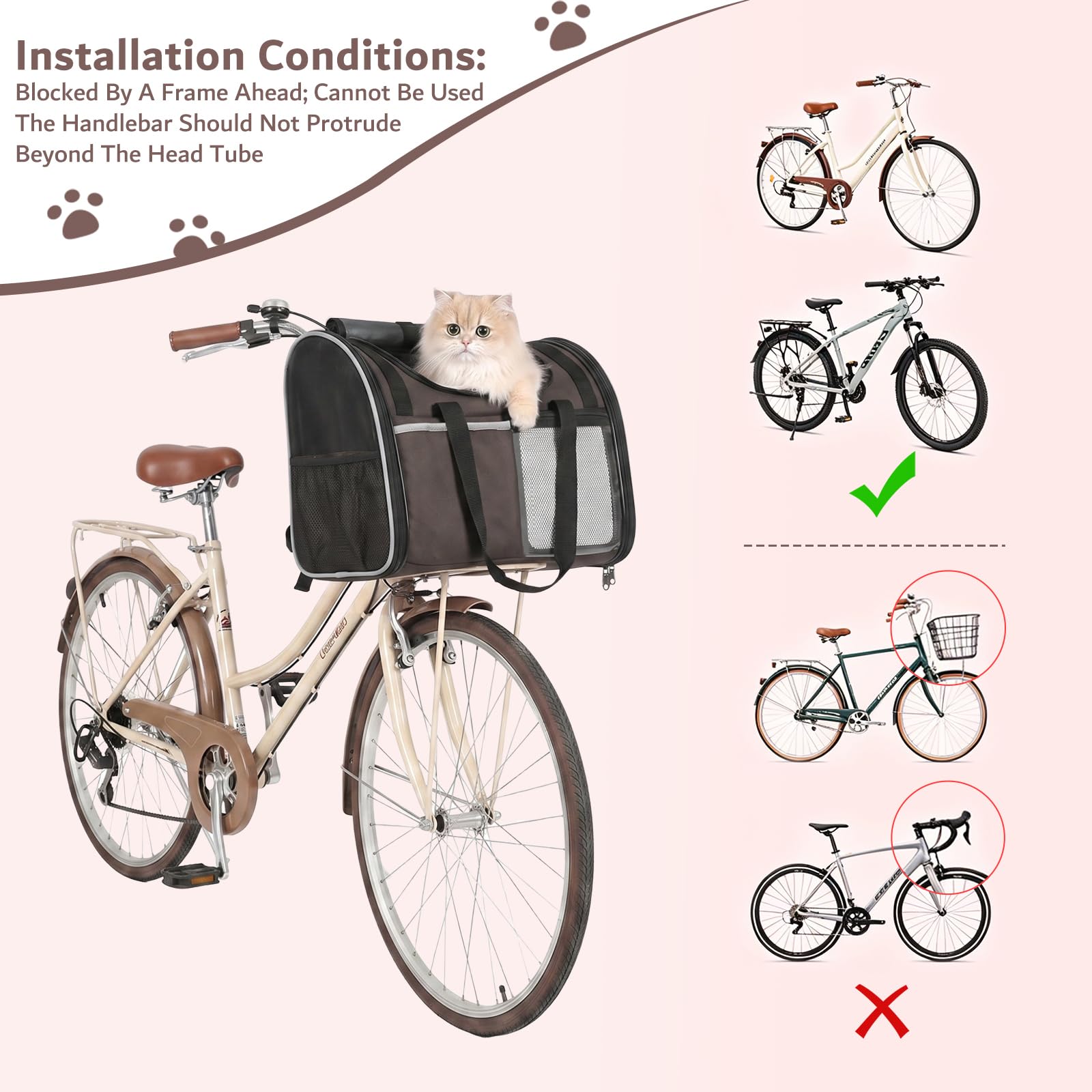 Hundekorb Fahrrad Vorne, Tragbarer Atmungsaktiver Hundefahrradkorb mit Sicherheitsleine Weichem Kissen, Weicher Haustier-Tragerucksack für Kleine Hunde und Katzen bis 6kg (Schwarz)