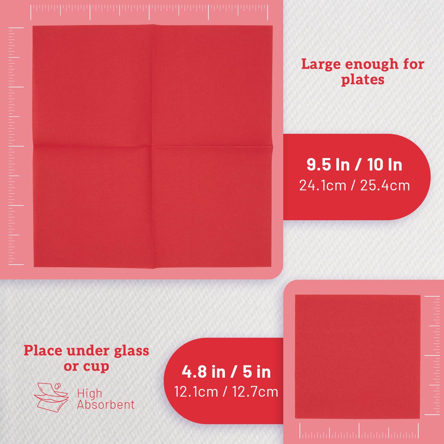 Paquete de 500 servilletas de cóctel rojas, servilletas de papel a granel ecológicas, servilletas cuadradas desechables para fiestas, servilletas de cena suaves y absorbentes, servilletas de bebidas