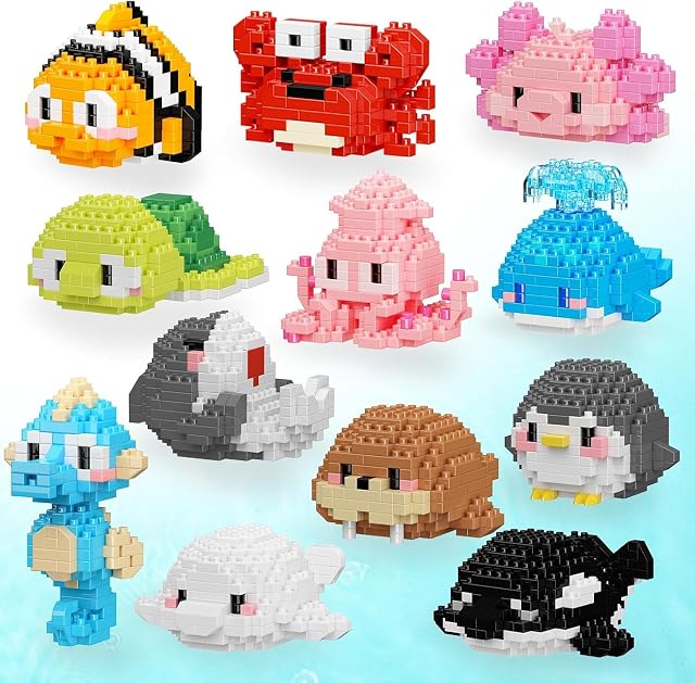 Party Favors 12 Packs Mini Marine Animals Micro Building Blocks Set, Classroom Prizes, Small Toy Prizes, Goodie Bags, Birthday Gift for Ages 14+