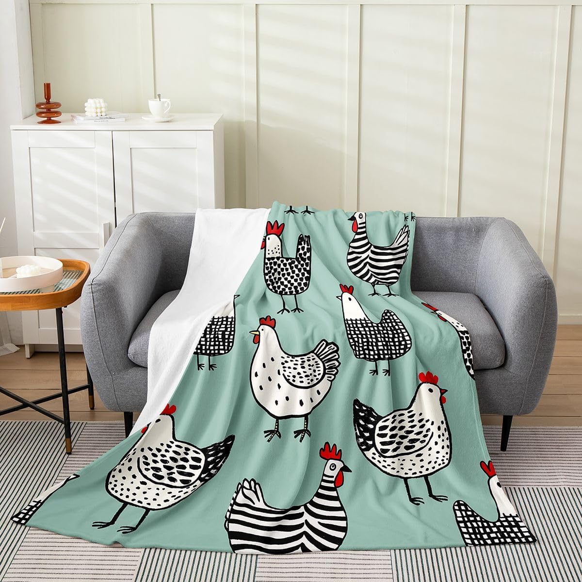 Erosebridal Chicken Throw Blanket - Queen Size Cartoon Farm Animal Fleece, Teal & Black, Luxury Soft Fuzzy, Kids Boys Girls