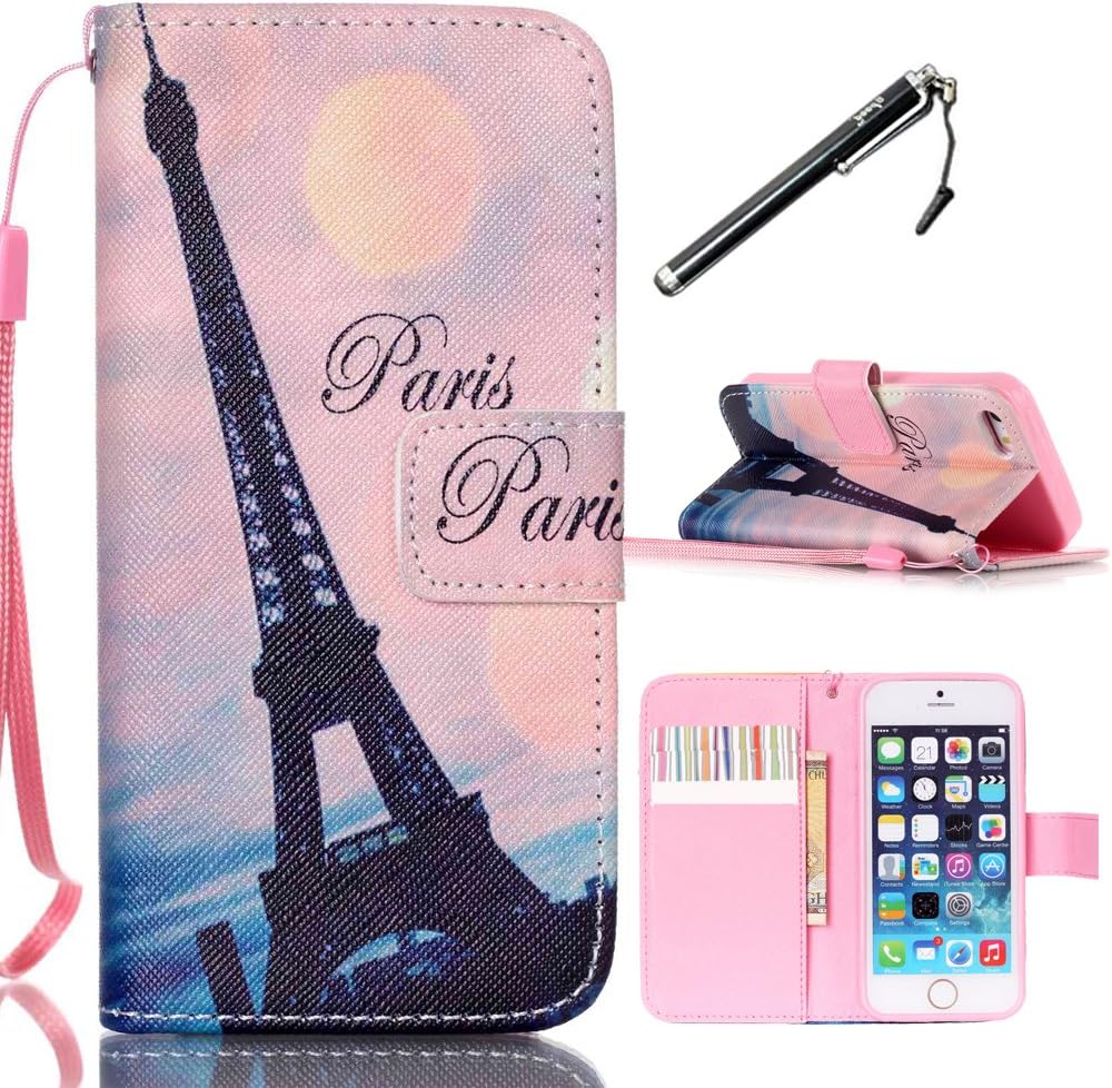 UrSpeedtekLive iPhone 5s Case, SE Case, Tower Pattern Premium PU Leather Flip Wristlet Wallet Case Cover w/Magnetic Closure for iPhone SE(2016), iPhone 5 / 5s (Built-in Credit Card/ID Card Slot)