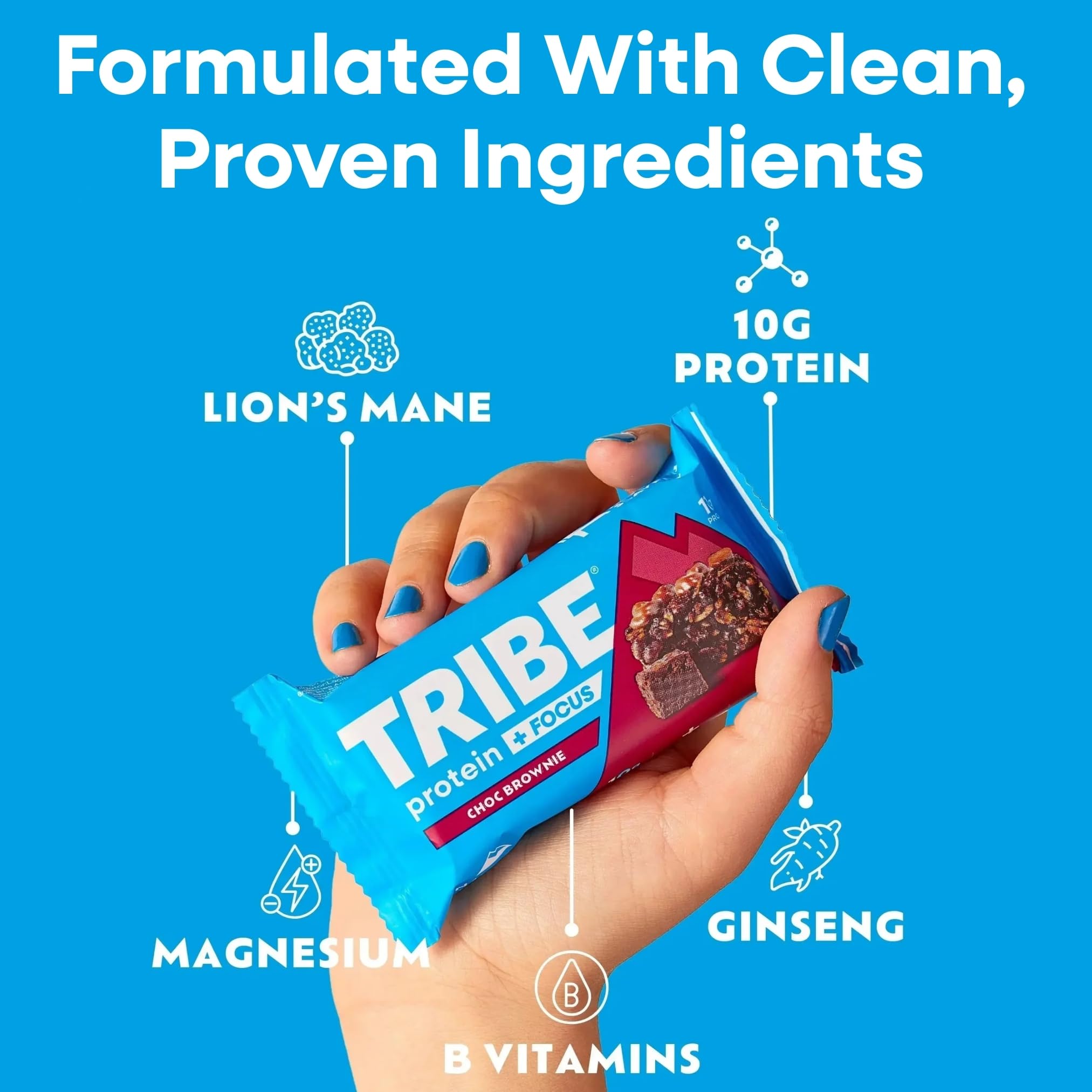 TRIBE Protein + Focus Bar – Blondie au beurre d'arachide – 10 g de protéines, 9 nutriments énergétiques et concentrés, crinière de lion, à base de plantes, collation végétalienne et sans gluten (60 g