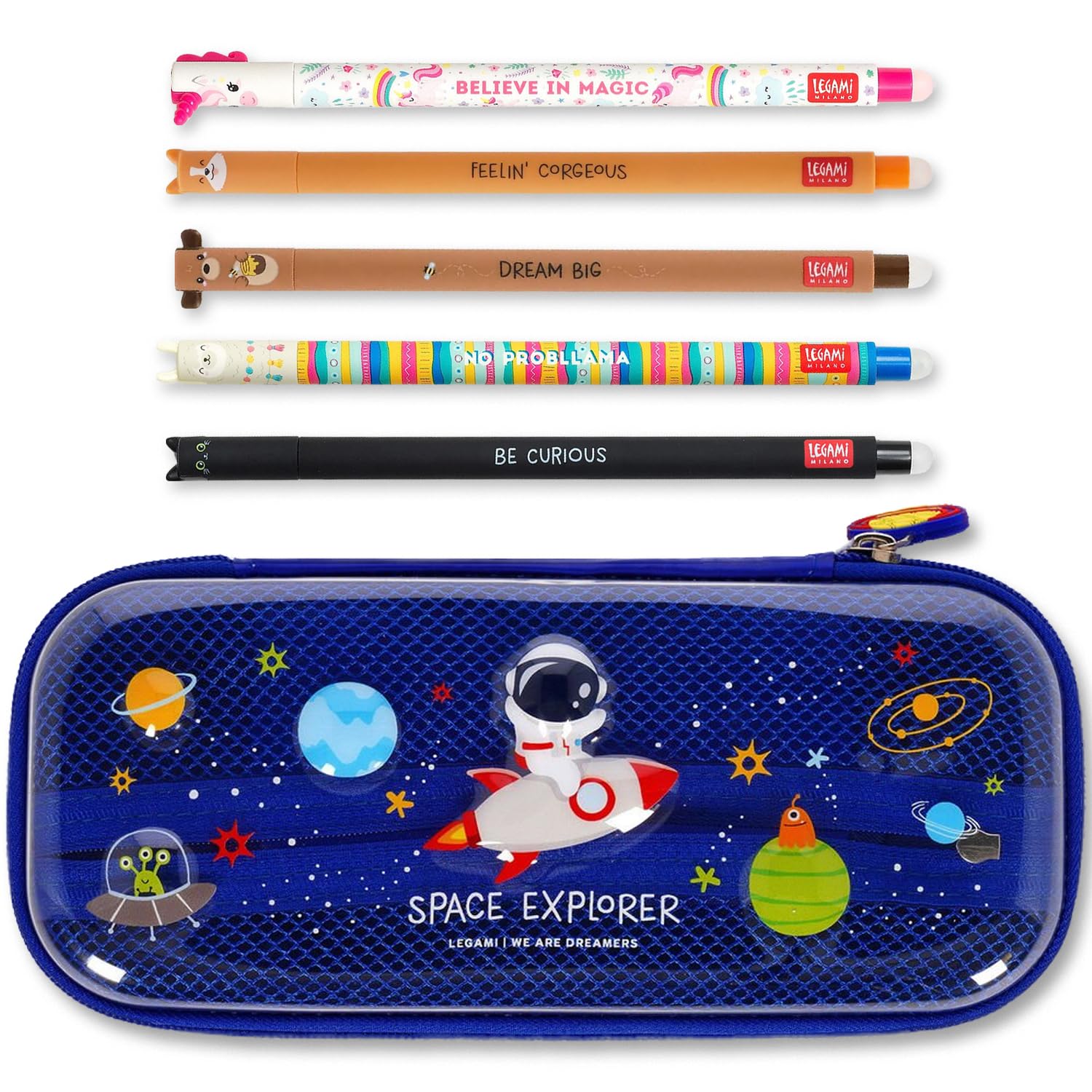 LEGAMI WonderWow Pencil Case & Erasable Pen | Set of 5 Cute Animal Pens with Thermosensitive Ink + 2-Compartment Pencil Case | Back to School Supplies for Girls, Boys, Kids# (Space)