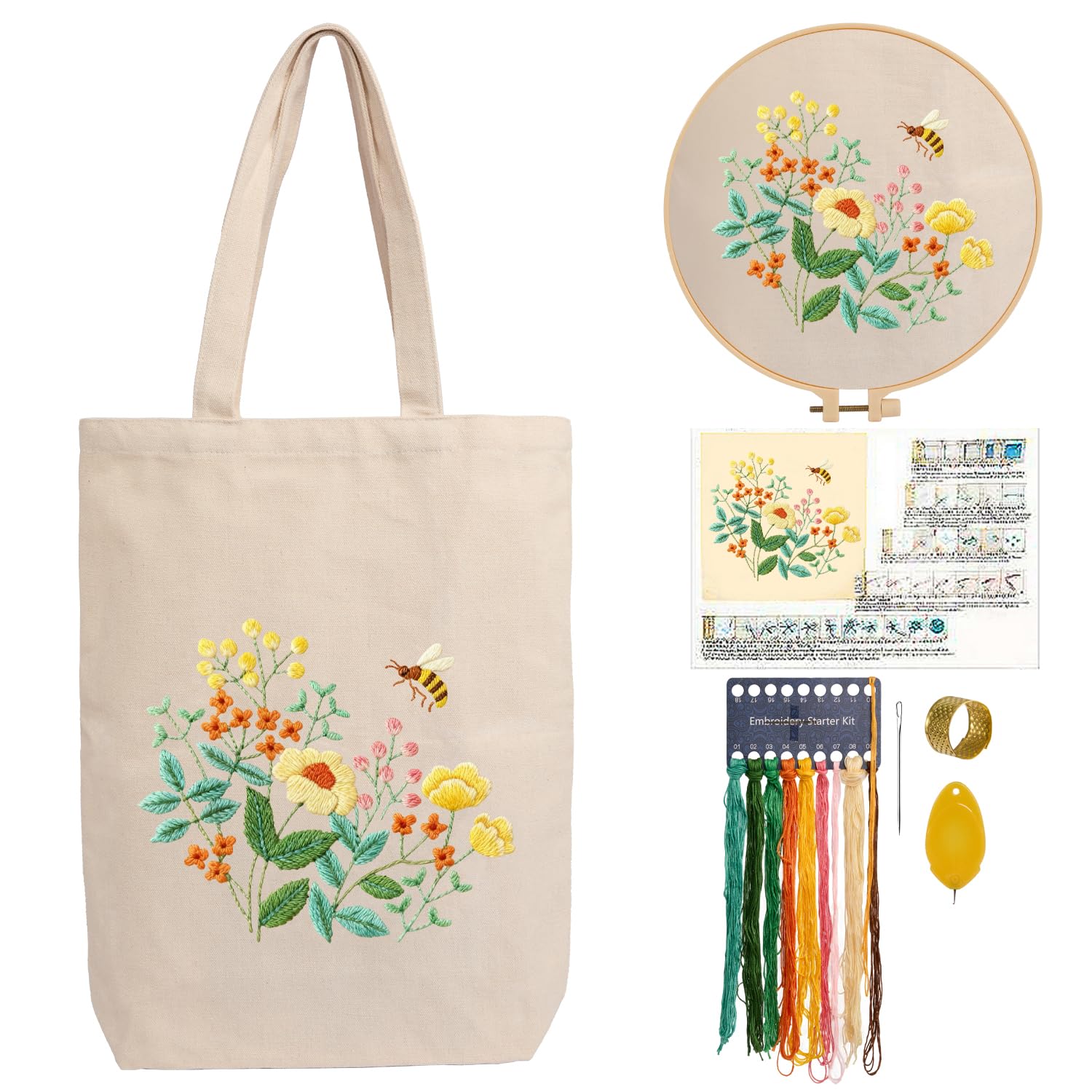 CREAWONDER Hand Embroidery Kits for Bag, Embroidery Kit Bag with Pattern for Beginners, Arts and DIY Embroidery Crafts Kits for Adults, Include Instructions, Embroidery Hoops, Color Threads and Tool