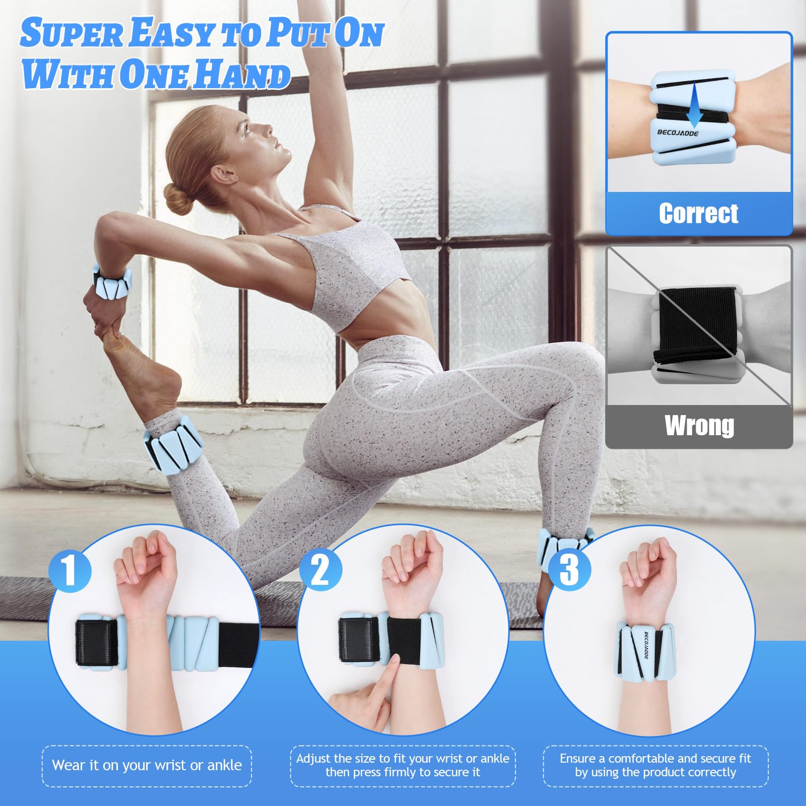 BECOJADDE Handgelenk Knöchel Gewichte Einstellbare Trainingsintensität für Krafttraining Gehen Laufen Yoga Pilates Joggen für Frauen Männer 2er Set (je 0,5 kg)