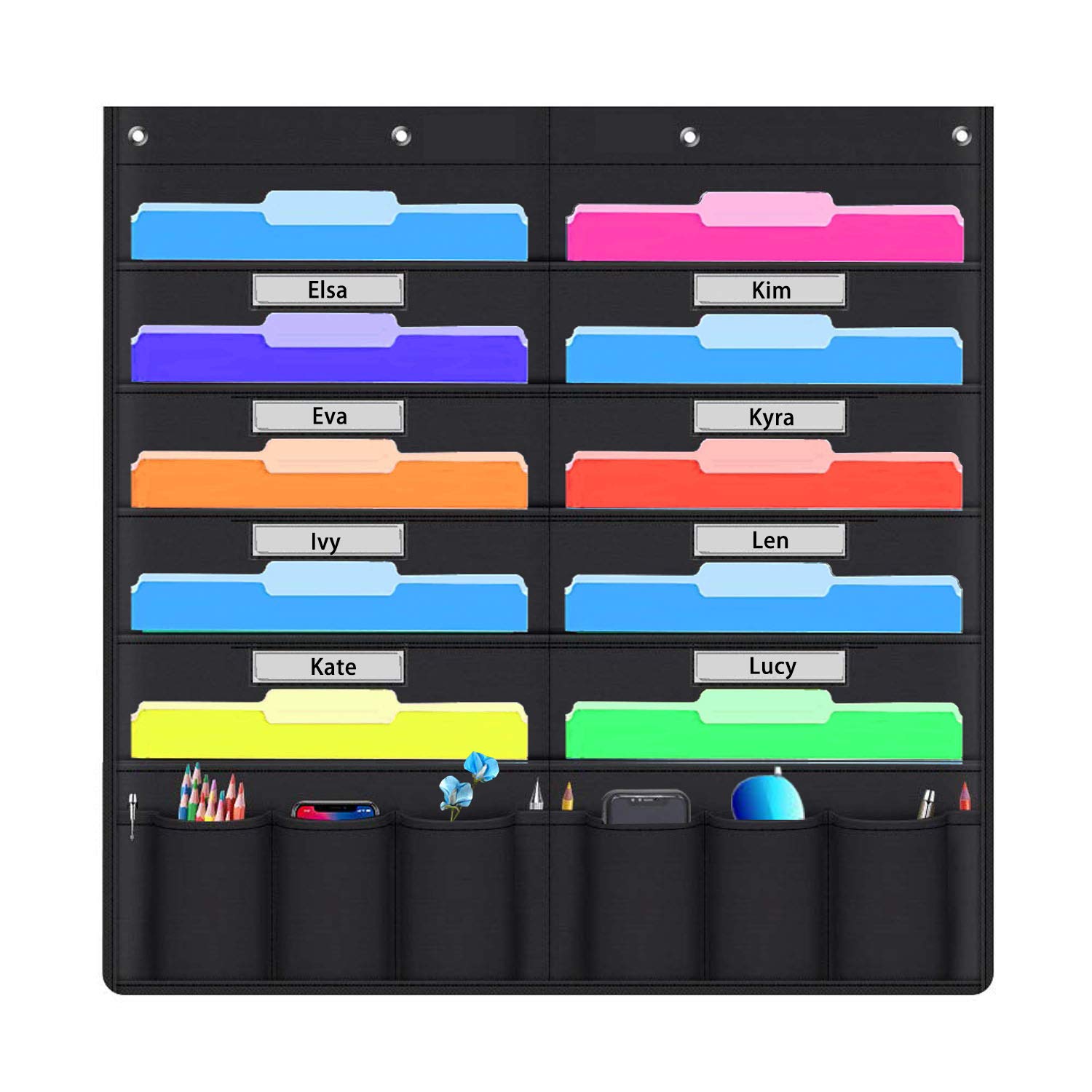 Hanging File Holder Organizer Rack, 10+10 Pocket Chart File Folders, Wall Mount, 10 Tier Folder Frame Hang Desk File, Calendar, Expanding File, Home Decor Shelf Bathroom, Rustic Bedroom, Board, Black