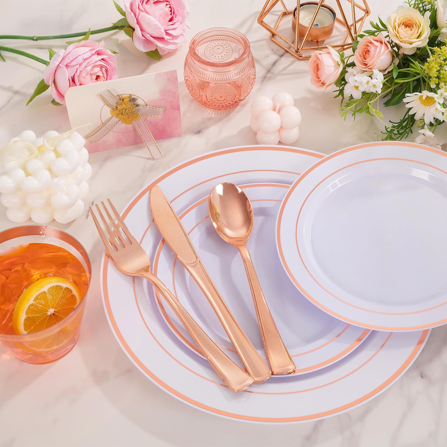 WELLIFE 300 PCS Rose Gold Dinnerware Set for 50 Guests, Valentine's Day Plate, 50 Dinner & Salad Plates,Cups, Forks Knives Spoons for Wedding Reception and Mothers Day Plates - Image 5