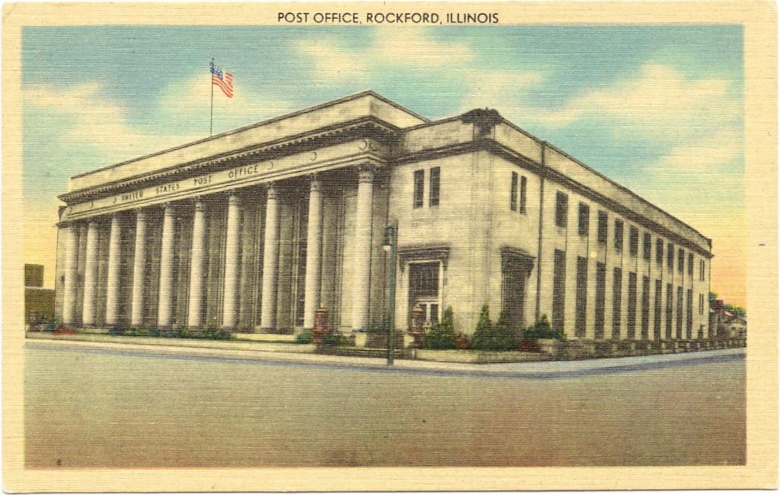 1950s Vintage Postcard Post Office Rockford Illinois