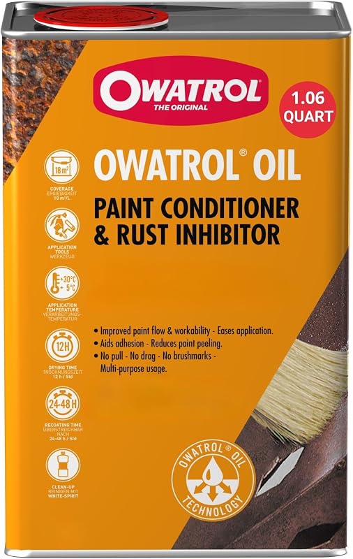Inhibidor de óxido de aceite OWATROL para metal, acondicionador de pintura, 34 oz | Detiene el óxido y la corrosión, metal, madera y maquinaria industrial, mejora la adhesión de la pintura, flujo suave, fórmula resistente al calor