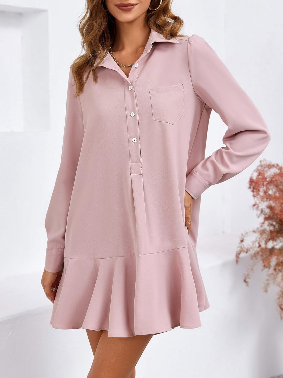 Fisoew Womens Casual Button Down Shirt Dress Long Sleeve Collared Pleated Swing Mini Dresses - Image 5