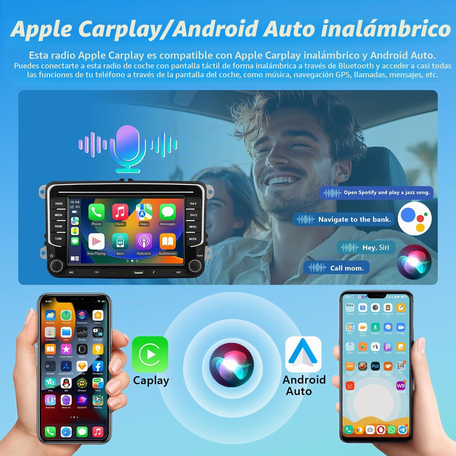 CarPlay Radio Coche para VW/Seat/Skoda con Inalámbrico Android Auto, 7" [2+64G] Bluetooth Android Pantalla Táctil con Bluetooth/EQ/GPS/WiFi/HiFi/FM/RDS/SWC/Siri+Mic+Canbus+Cámara Trasera