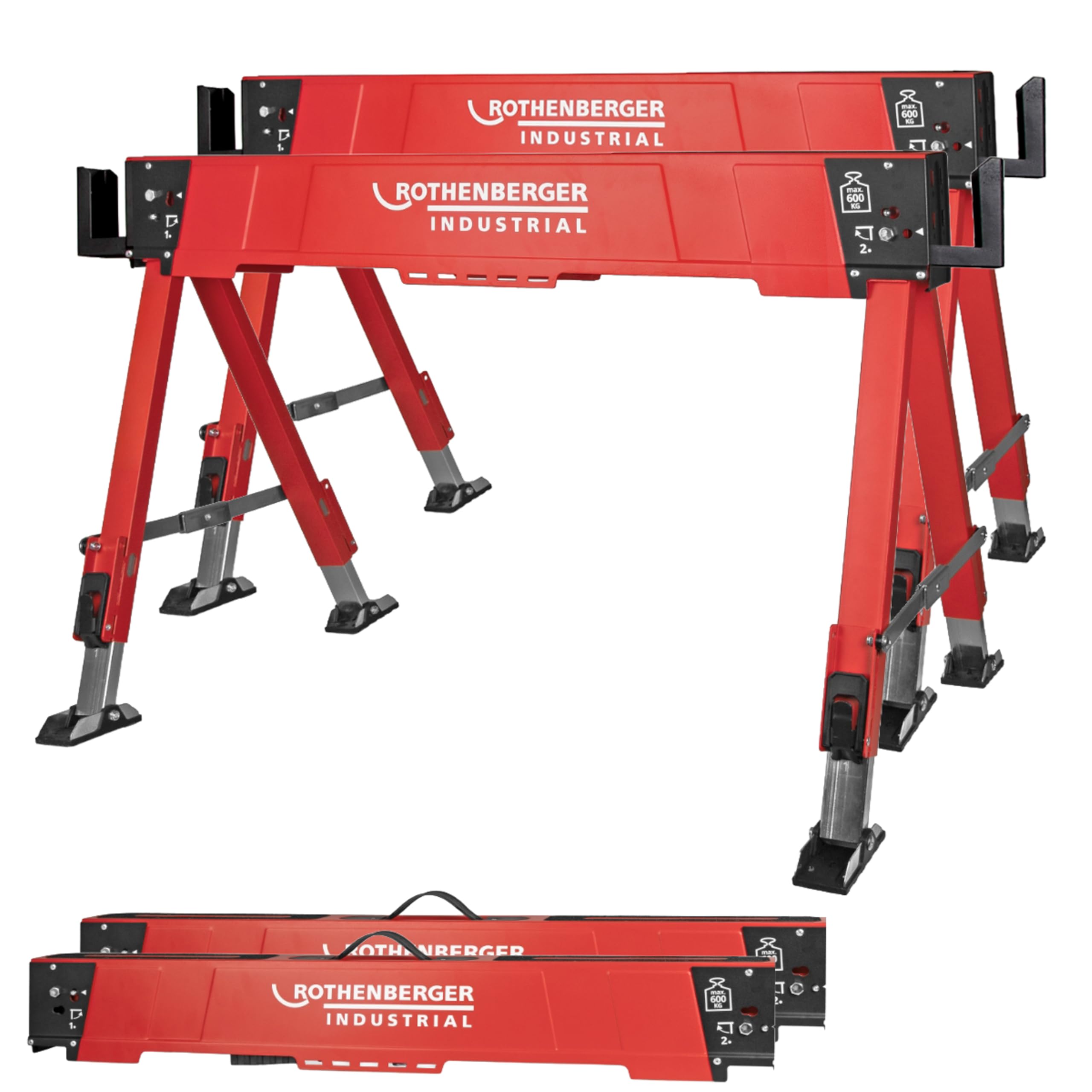 ROTHENBERGER Industrial Duo Falt Arbeitsbock, Sägebock, Unterstellbock, Klappbock 2er Set höhenverstellbar, klappbar, bis 600 kg belastbar