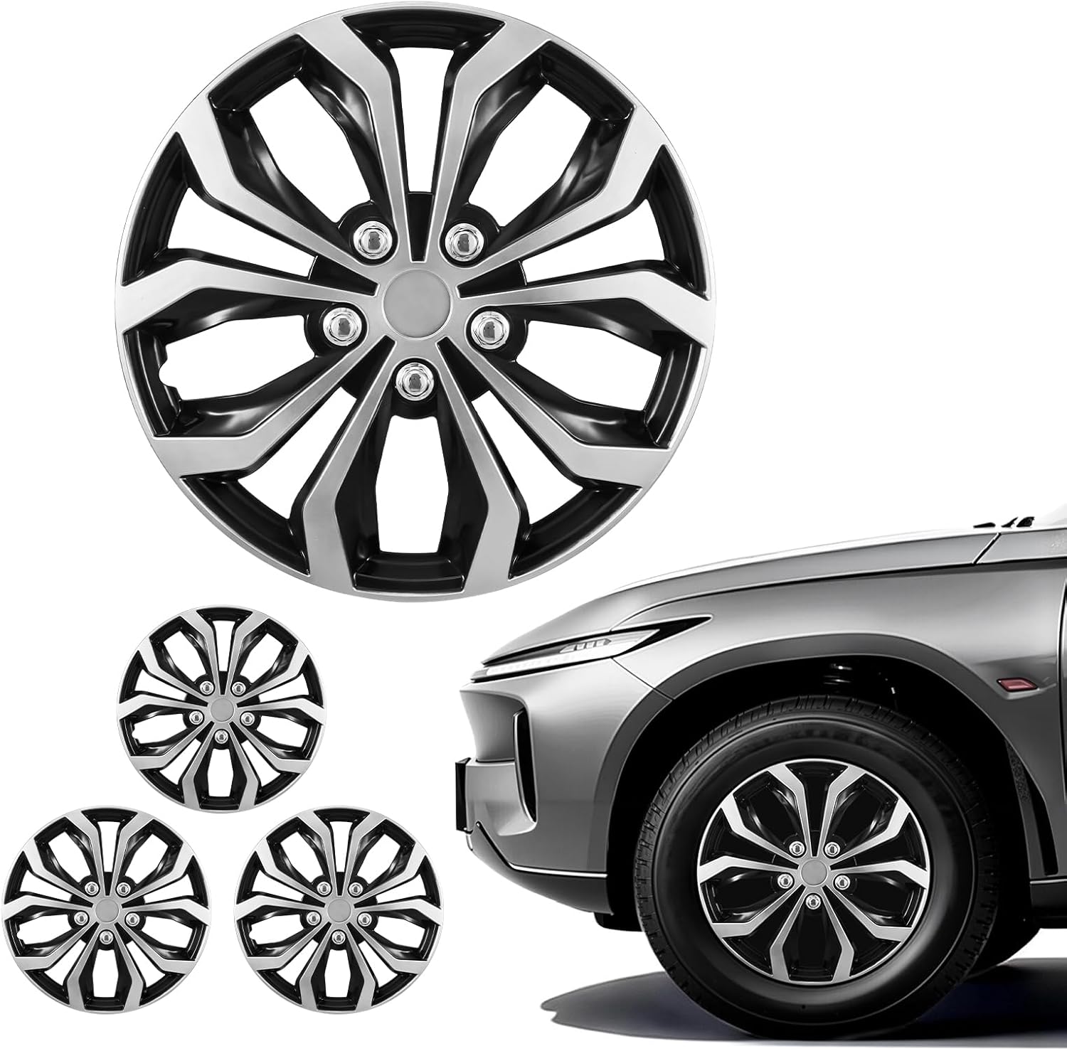 VEVOR Hubcaps Wheel Covers, 16 Inch Set of 4 Wheel Rim Cover Hubcaps OEM Replacement, R16 Size Snap On Car Hub Caps, Universal 10-Spoke ABS Tire Rim Caps for Hyundai Chevrolet Ford Honda, Silver/Black