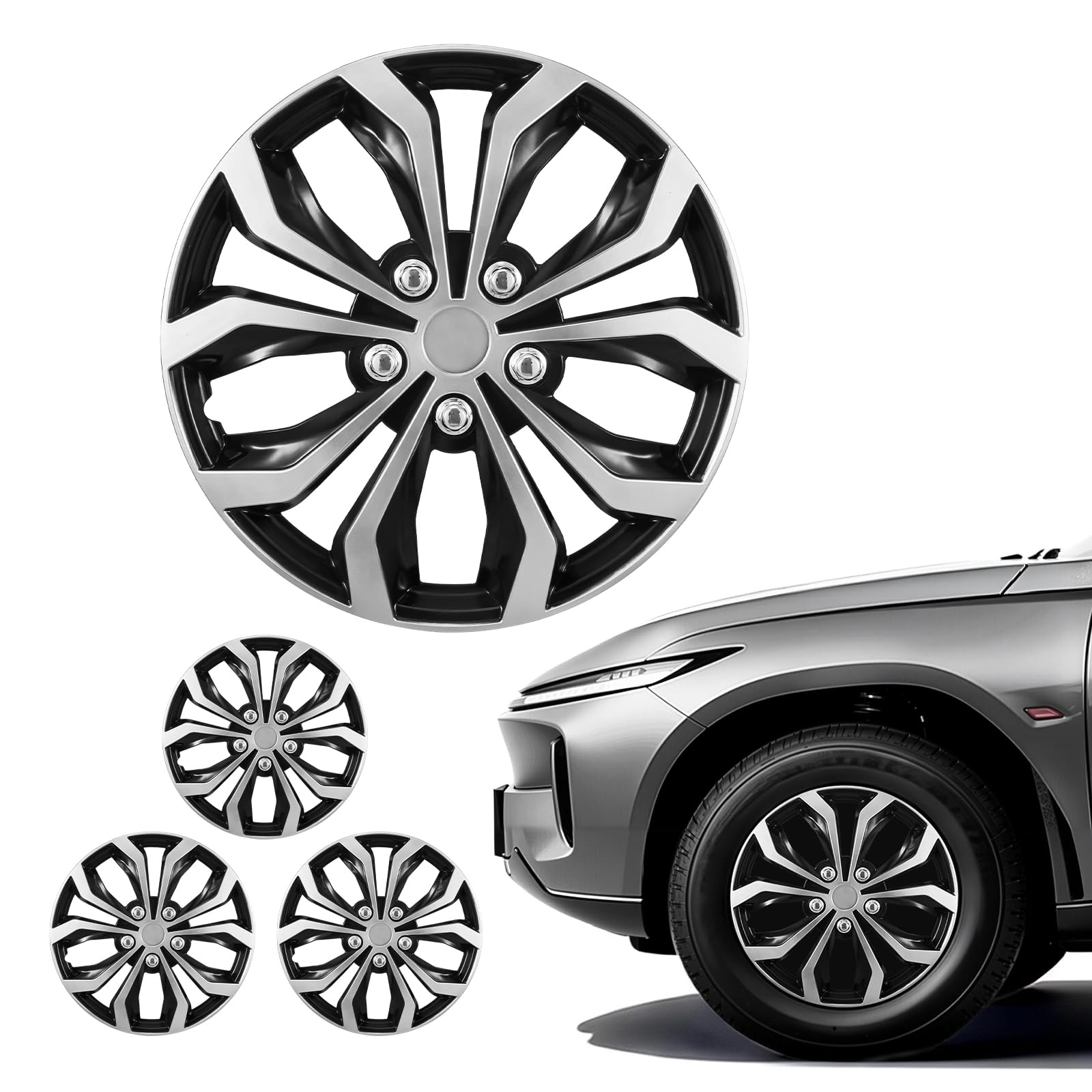 VEVOR Hubcaps Wheel Covers, 16 Inch Set of 4 Wheel Rim Cover Hubcaps OEM Replacement, R16 Size Snap On Car Hub Caps, Universal 10-Spoke ABS Tire Rim Caps for Hyundai Chevrolet Ford Honda, Silver/Black - 2