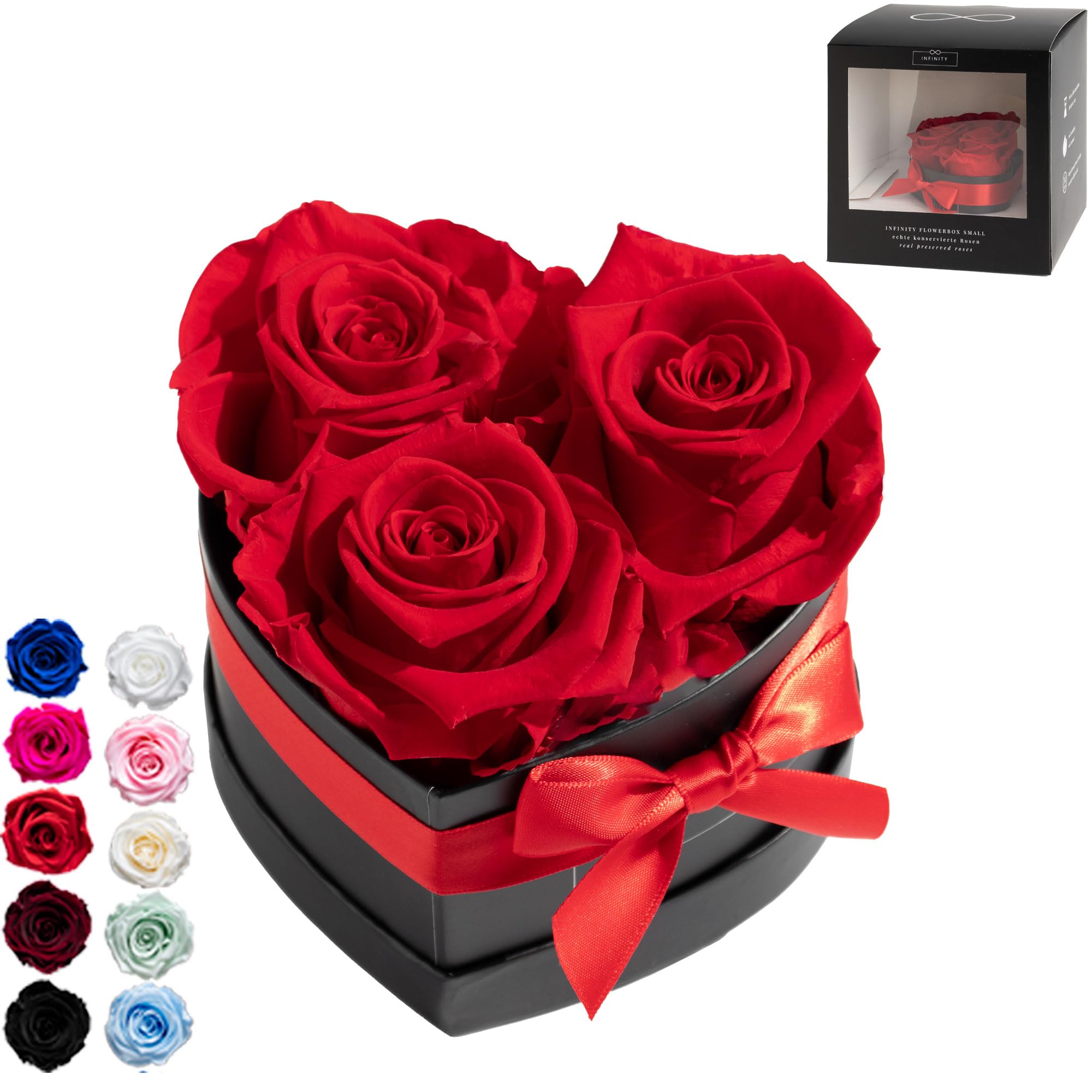 Infinity Flowerbox Mit 3 Echten Rosen – 3 Jahre Haltbar Ohne Gießen, In Geschenkbox Mit Schleife