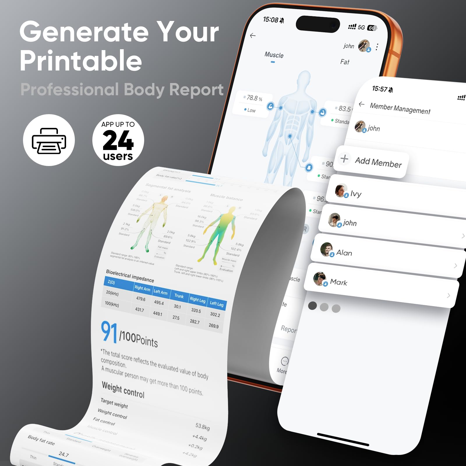 YUHUO Báscula inteligente para peso corporal, báscula digital de baño de 8 electrodos con IMC, grasa corporal, masa muscular, analizador segmentario de composición de cuerpo completo, sincronización