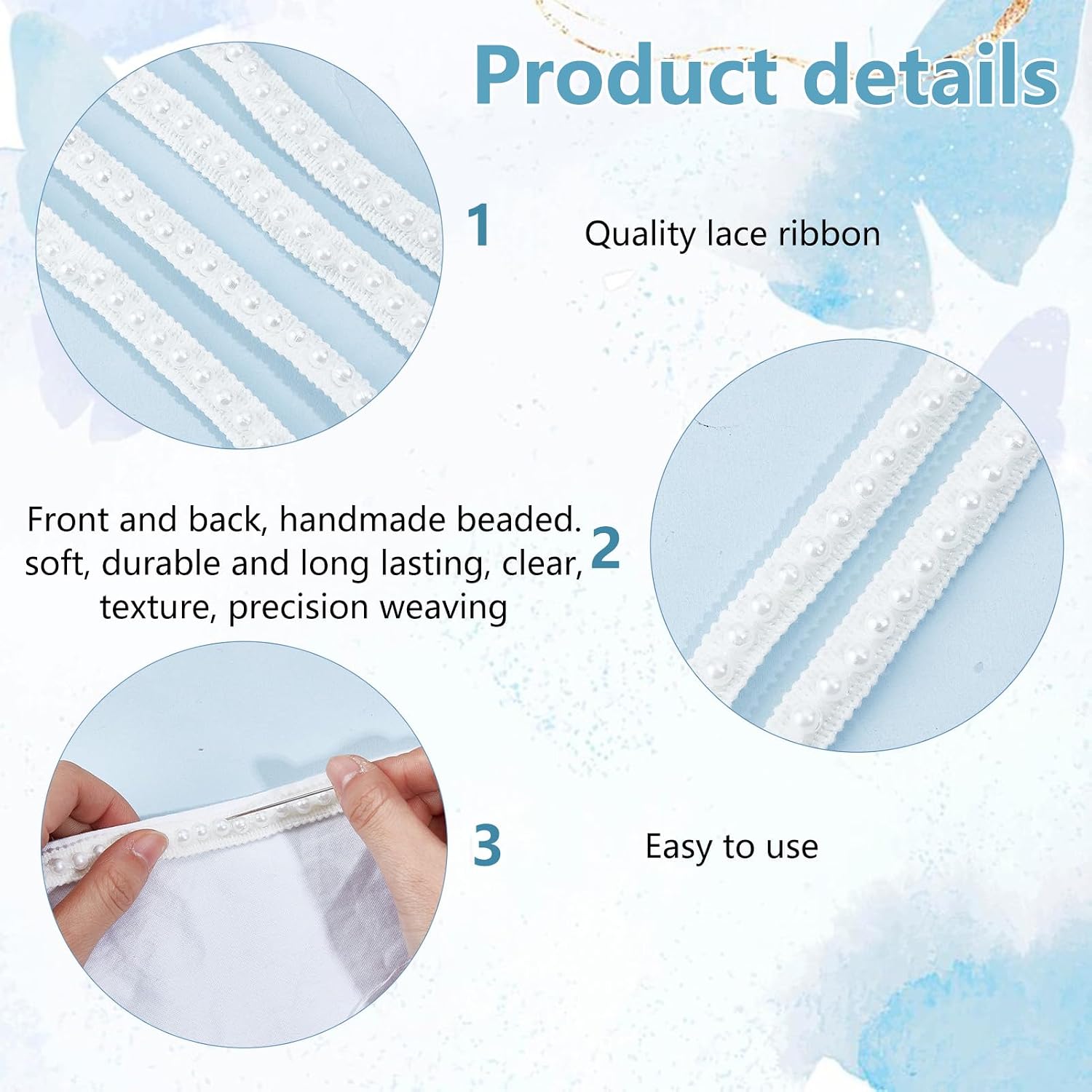 5 Yard Pearl Beaded Trim, 10 mm Wide White Edge Ribbon Strips Glitter Beads Woven Applique Edge Trim, Faux Pearls Ribbon for Wedding Dress Decorations and DIY Crafts