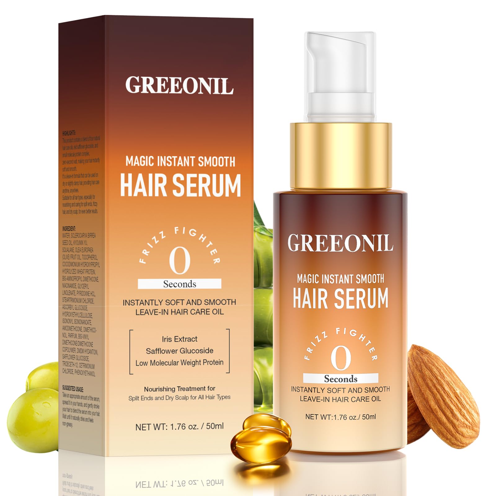 GREEONIL Hair Serum for Frizz Hair - Anti Frizz Serum Hydration and Shine and Gloss Treatment with Marula Oil, Squalane, Vitamin E, Olive, Leave-In,