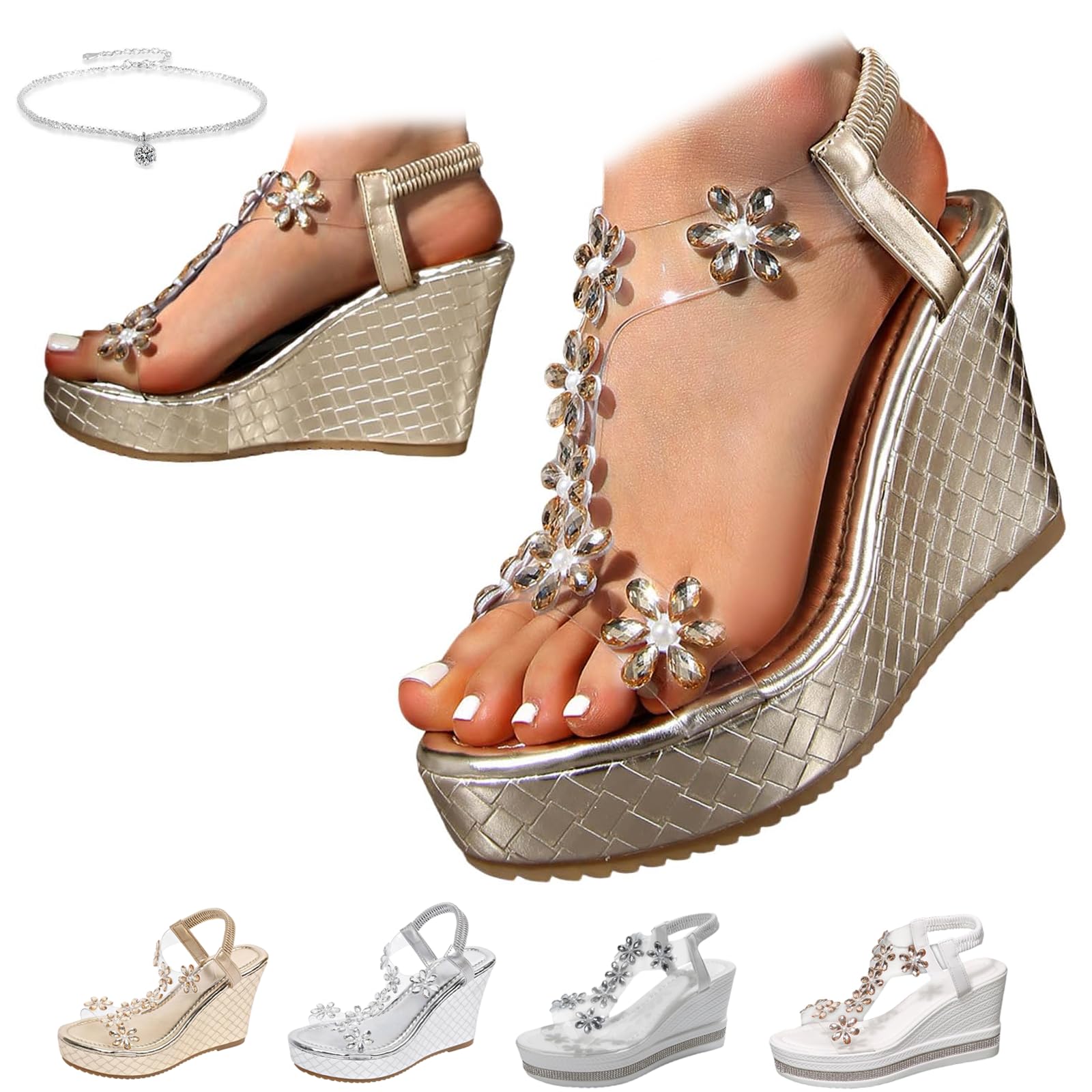 Sandalias de plataforma con diamantes de imitación brillantes para mujer, elegantes, suela gruesa, correa elástica transparente, sandalias bohemias de punta abierta para la playa