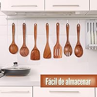 Vista 4 de Juego de utensilios de cocina de madera de teca natural de 9 piezas con soporte para cucharas - Cucharas de cocina y soporte para utensilios